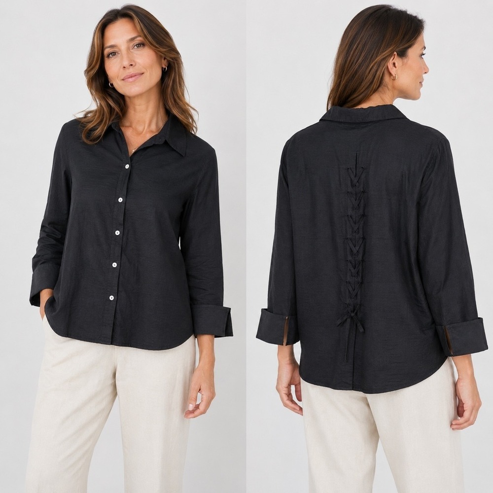 Vtg Barbara Katz Dupioni Silk Button Up Shirt Womens L Black Lace Up Minimalist